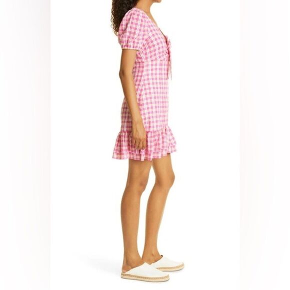 NWT LIKELY Kai Check Ruffle Hem Puff Sleeve Mini Dress in Fuchsia Multi size 10 - Picture 4 of 15